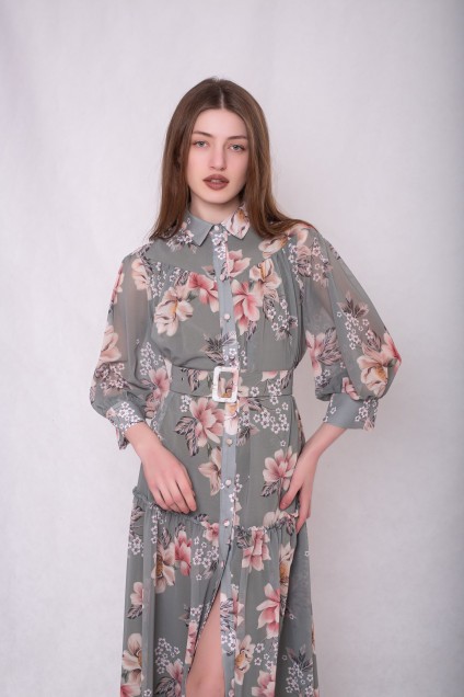 *Платье 1246-5 оливковый + цветочный принт АСВ