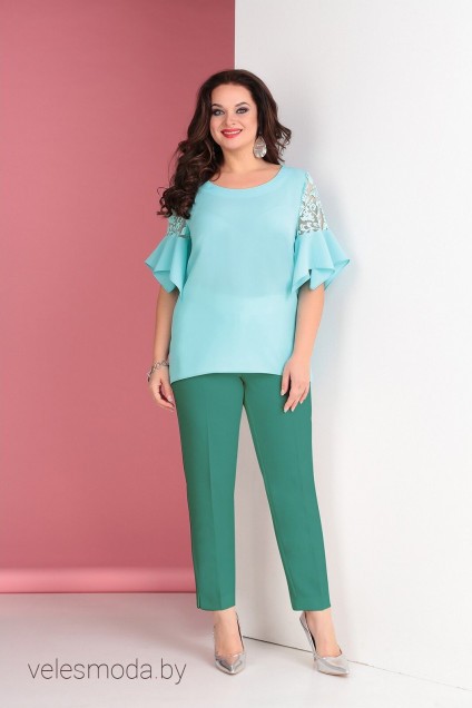 Костюм брючный 1663 голубой+зеленые брюки Ксения стиль