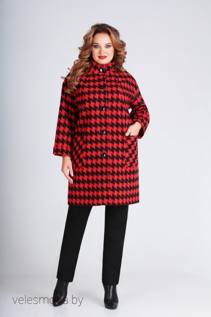 Пальто 1701 черно-красный Ксения стиль