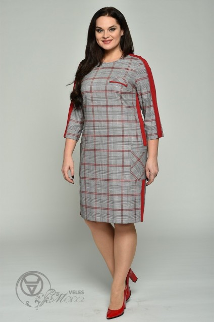 Платье  1487 серый+красная клетка Lady Style Classic