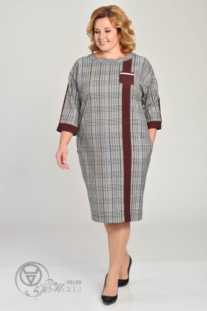 Платье 1550 серый+клетка+бордо полоска Lady Style Classic