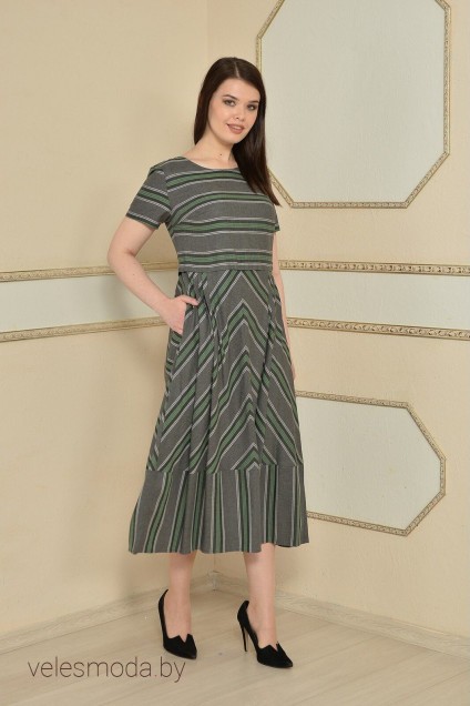 Платье 1860 серый+зеленый в полоску Lady Style Classic