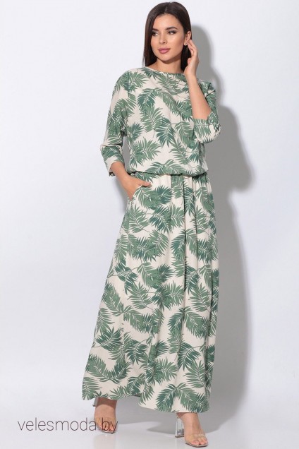 Платье 11130 зеленые листья+белый LeNata