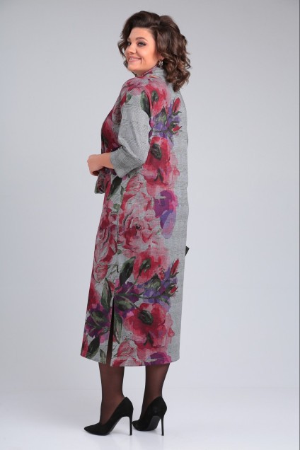 Платье 2152 серый + лиловая роза Michel Chic