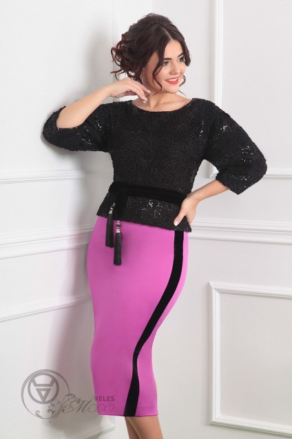Костюм с юбкой 2382 черный+ярко-розовый Мода-Юрс