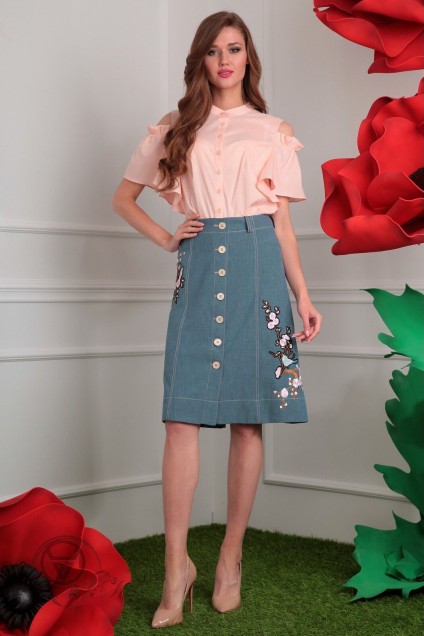 Костюм с юбкой 2408 розовый+зеленая юбка+аппликация сакура Мода-Юрс
