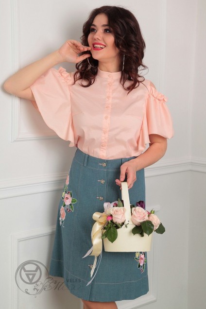 Костюм с юбкой 2408 розовый+зеленая юбка+аппликация цветок Мода-Юрс