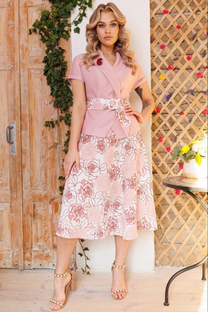 Костюм с юбкой 2641-2 розовый + цветы Мода-Юрс