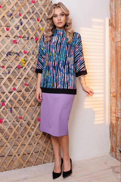 Костюм с юбкой 2805 фиолет цветы Мода-Юрс