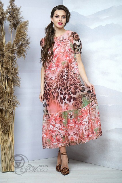 Платье 509 розовый+леопард+цветы Olegran