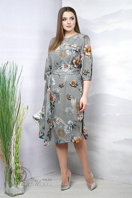 Платье 671 серый+цветы Olegran