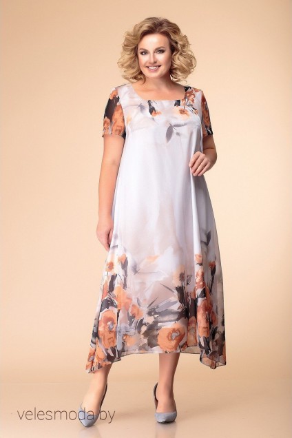 Платье 1-1332 пудра+оранж цветы Romanovich style