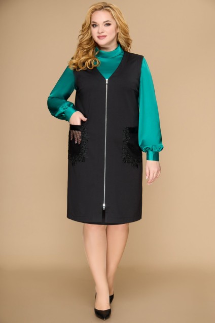 Костюм с юбкой 1372 черный + изумрудный Svetlana Style