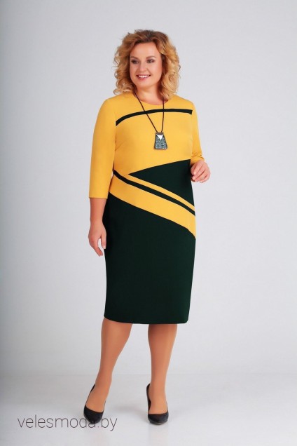 Платье 205 горчица+бирюзово-зеленый Swallow