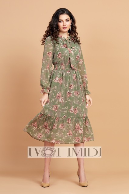 Платье 1295 оливковый+розовый Твой Имидж