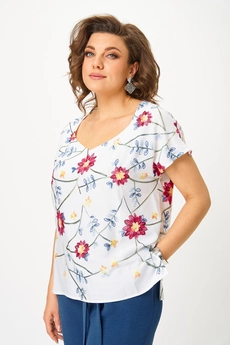Костюм брючный 9076-25 белый + цветы ANDINA CITY