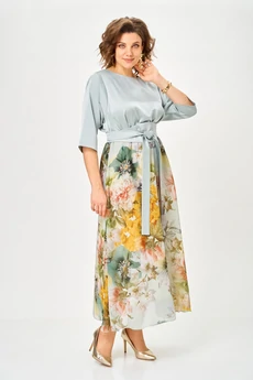 Платье 1229-Ш  голубой + цветы ANASTASIA MAK