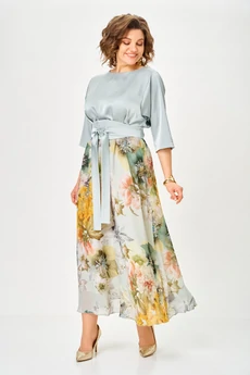 Платье 1229-Ш  голубой + цветы ANASTASIA MAK