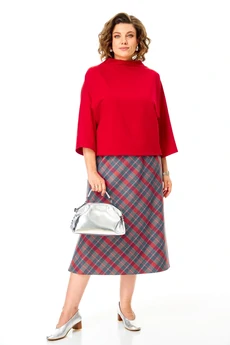 Костюм с юбкой 1284 красный + клетка Anastasia