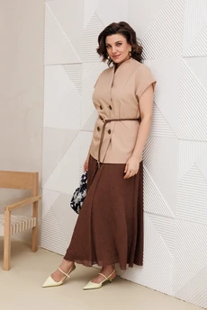 Костюм с юбкой 1347 бежевый-шоколад Anastasia