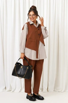 Костюм брючный 6439 какао + серая полоска Beautiful&Free