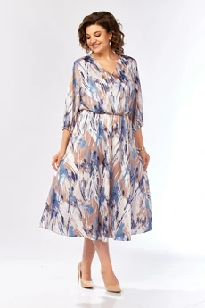 Платье 2462 бежево-голубой принт Элль-стиль