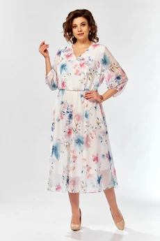 Платье 2463 белый + принт цветы Элль-стиль