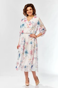 Платье 2463 белый + принт цветы Элль-стиль