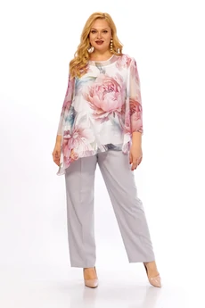 Костюм брючный 2467 белый+розовый принт Элль-стиль