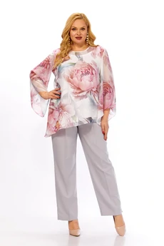 Костюм брючный 2467 белый+розовый принт Элль-стиль