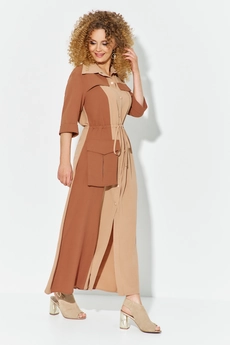 Платье 606 бежевый + коричневый  Euro Moda