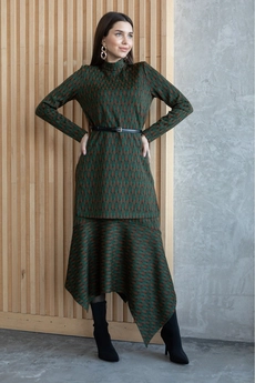 Костюм с юбкой 6039 зеленый + терракотовый Ivera collection
