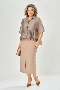 Костюм с платьем 8062-3 бежевый-коричневый KaVari plus size