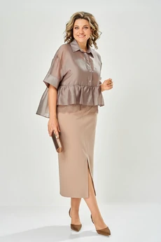Костюм с платьем 8062-3 бежевый-коричневый KaVari plus size
