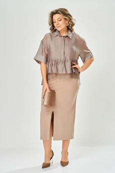 Костюм с платьем 8062-3 бежевый-коричневый KaVari plus size