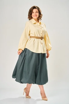 Костюм с юбкой 8073-1 сливочное масло + хаки KaVari plus size