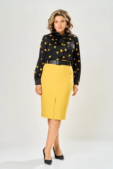 Костюм с юбкой 8076 черный-горчица KaVari plus size