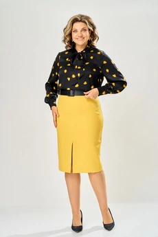 Костюм с юбкой 8076 черный-горчица KaVari plus size