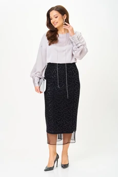 Костюм с юбкой 1416 черный + серый Karina Delux