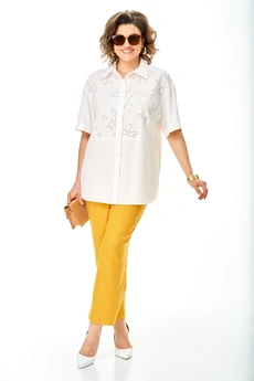 Костюм брючный 1446 молочный + желтый Karina Delux