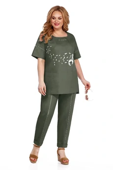 Костюм брючный 11378 хаки с одуванчиками LaKona