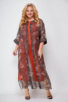 Костюм с платьем 1307 хаки + коралл Michel Chic