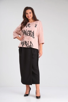 Костюм с юбкой 1348 розовый + черный Michel Chic