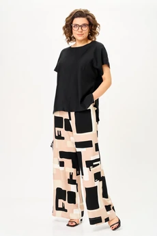 Костюм брючный 1384 песочно-черная графика Michel Chic