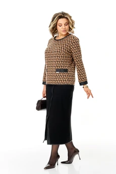 Костюм с юбкой 1394 карамель + черный Michel Chic