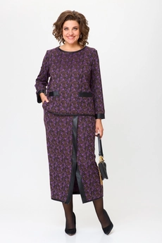 Костюм с юбкой 1394 шоколад + фиолетовый Michel Chic
