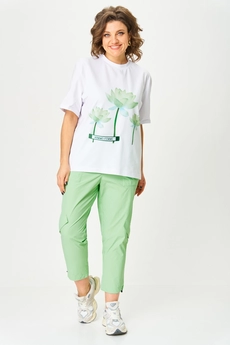 Костюм брючный 1414 белый + салатовый Michel Chic