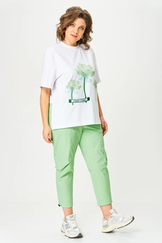 Костюм брючный 1414 белый + салатовый Michel Chic