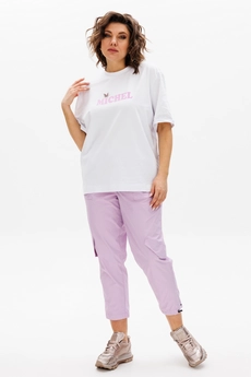 Костюм брючный 1414 белый + лаванда Michel Chic
