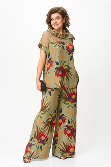 Костюм брючный 1426 хаки + цветы Michel Chic